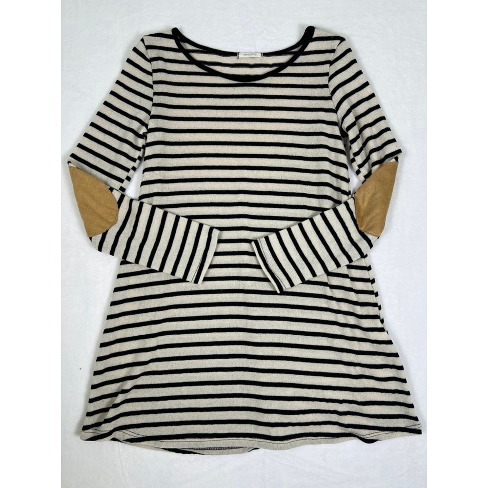 12PM by Mon Ami Striped Elbow Patch Tunic Top Cream Black Small Preppy Minimal